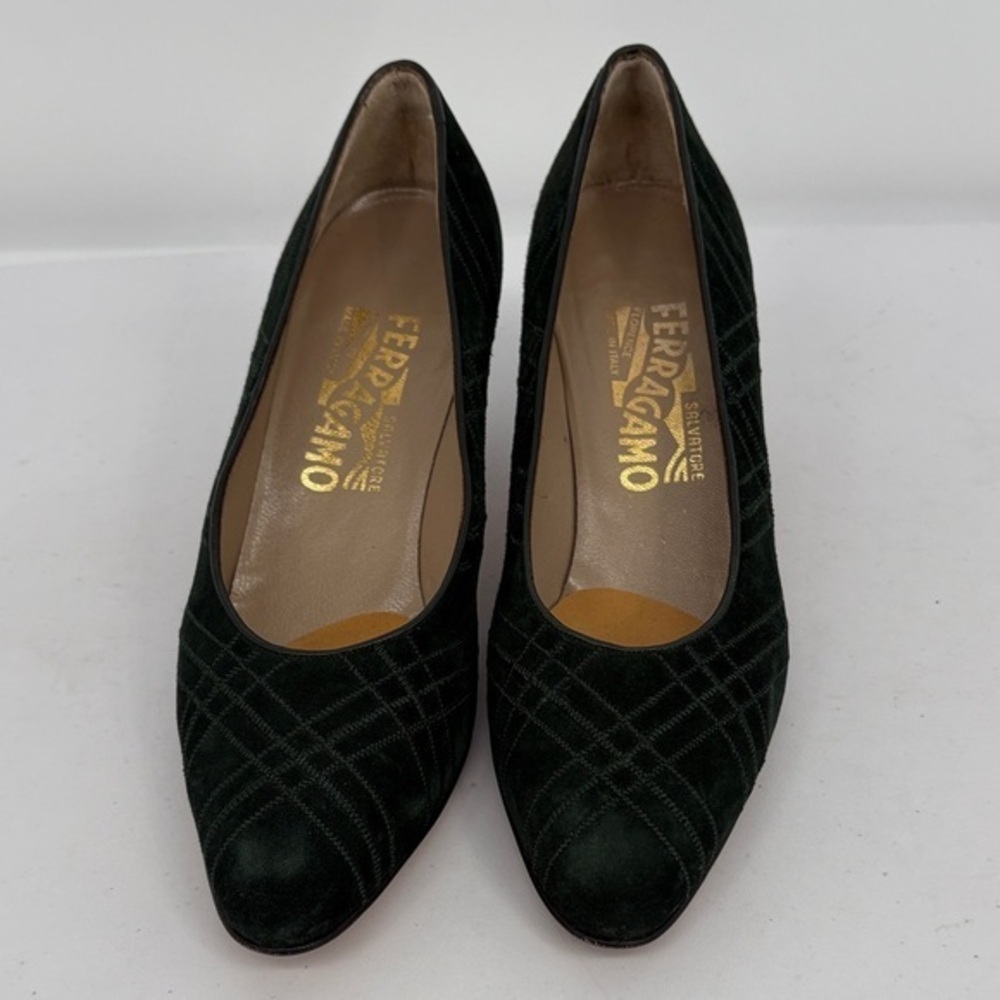 👻 Salvatore Ferragamo suede forest Green pointed toe, embroidered plaid Heels